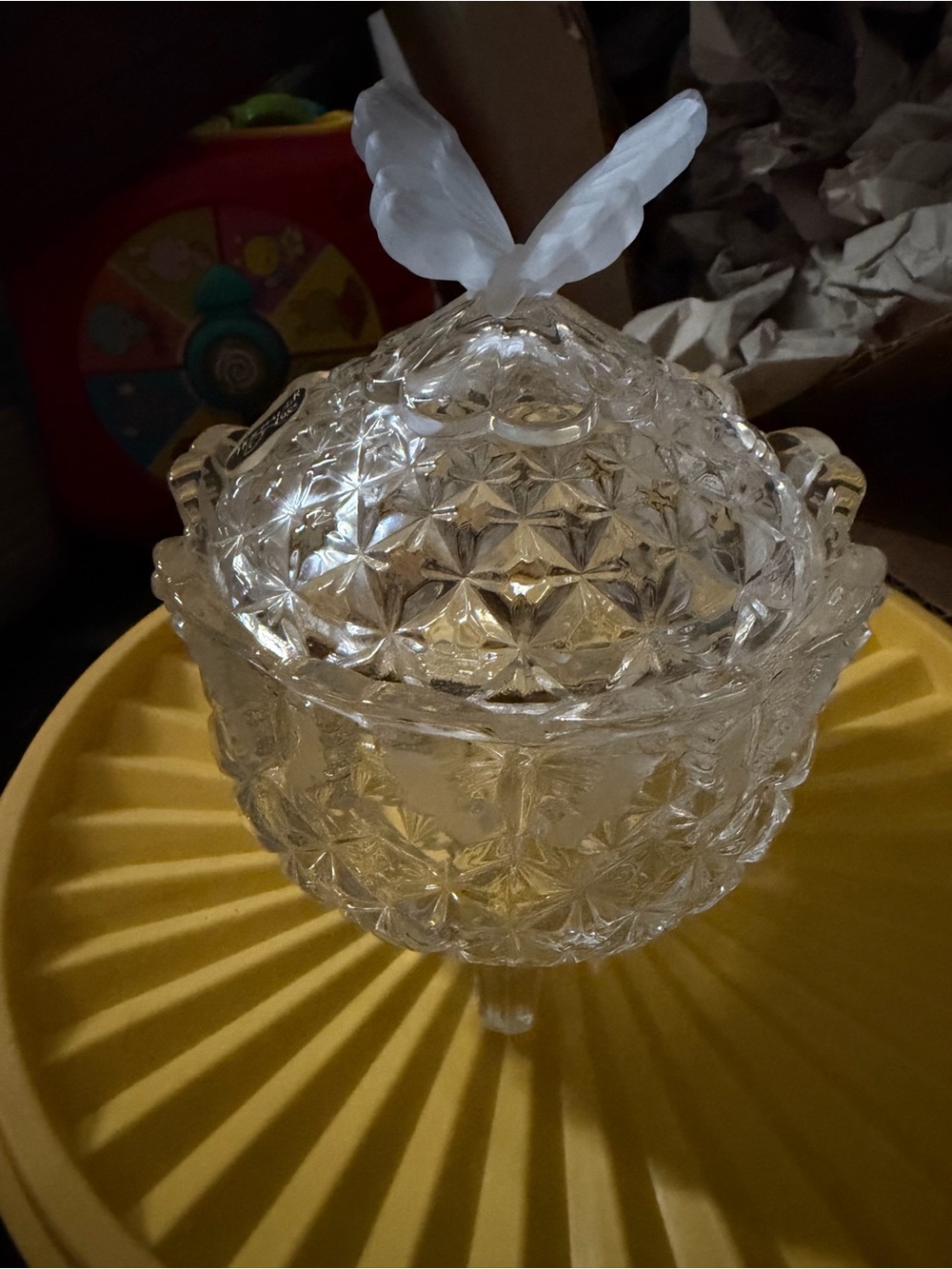 Vintage Crystal Glass Candy Dish with Butterfly Lid